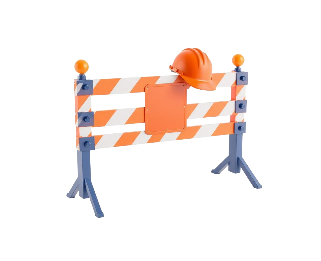 Barreira de obra com cone e capacete
